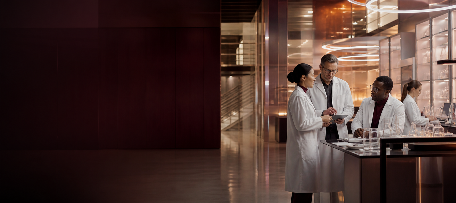 Pharmaceutical researchers collaborating in a modern laboratory