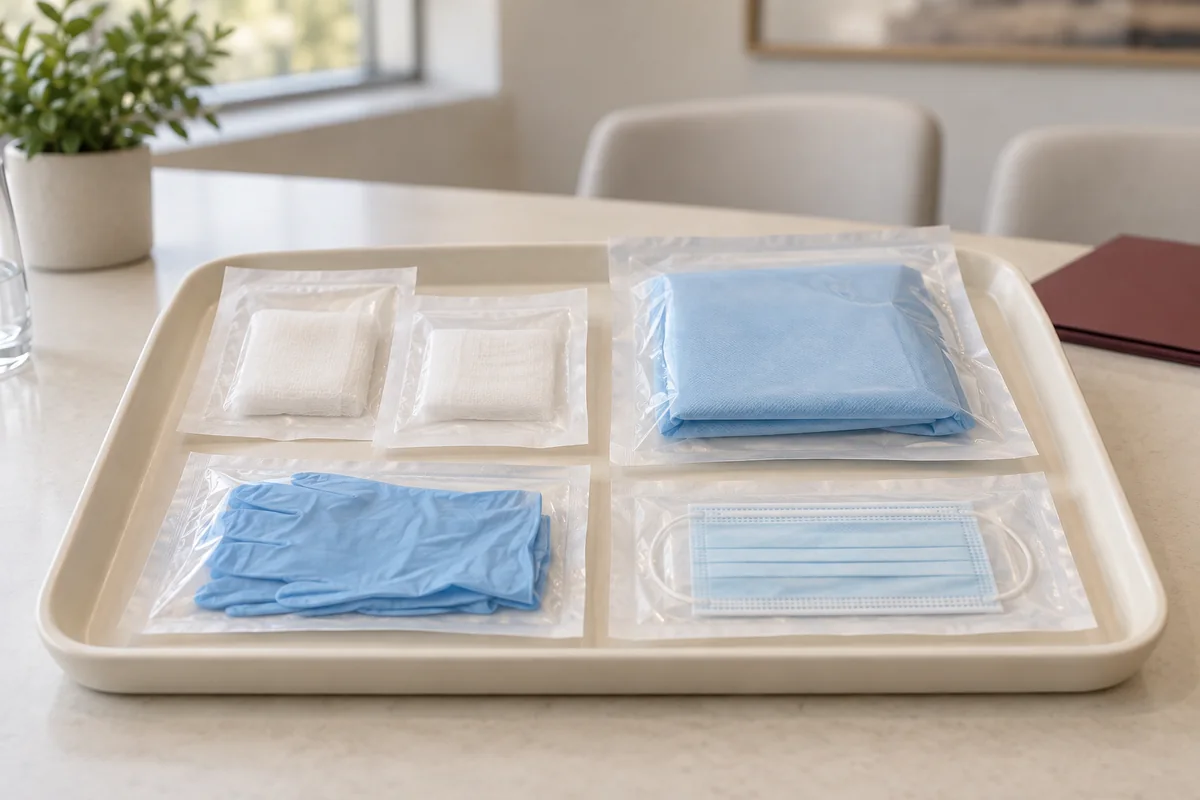Illustrative arrangement of surgical supplies and protective equipment