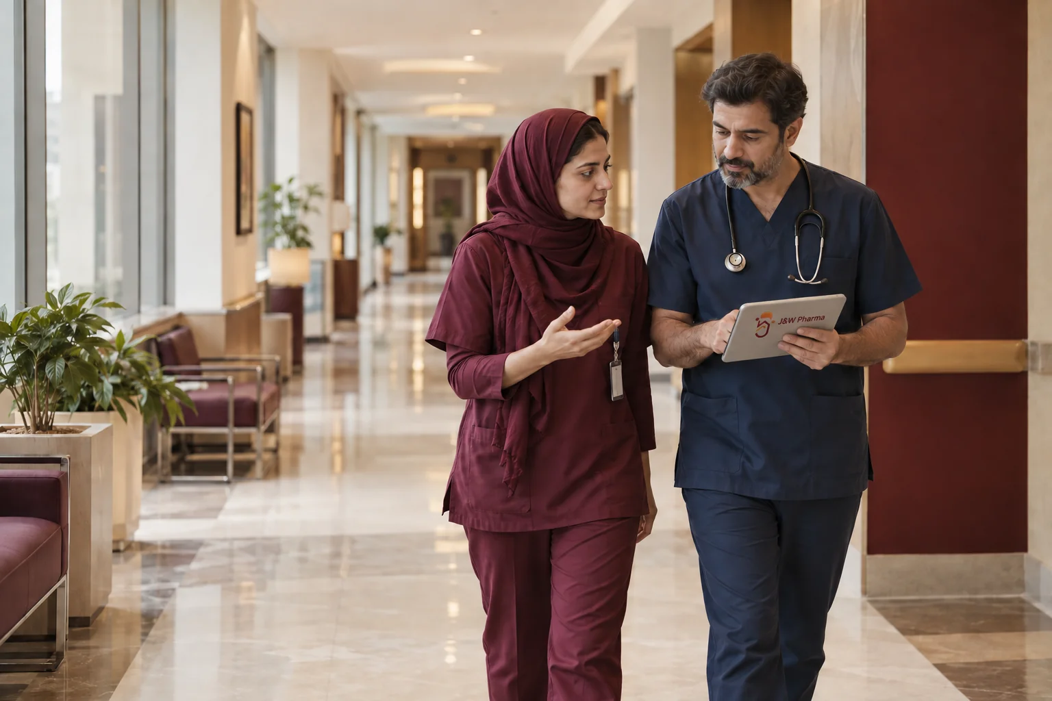 Illustrative scene of two healthcare professionals reviewing a tablet in a hospital corridor
