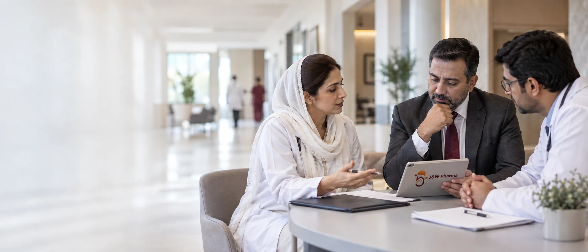 Illustrative scene of healthcare and procurement professionals reviewing an institutional requirement