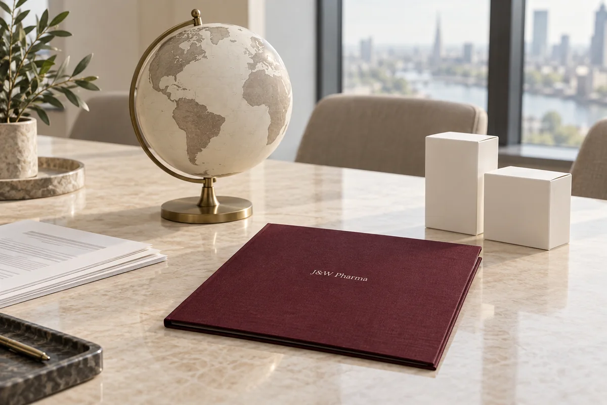 Illustrative international sourcing scene with a globe, J&W Pharma presentation folder, and generic sample cartons