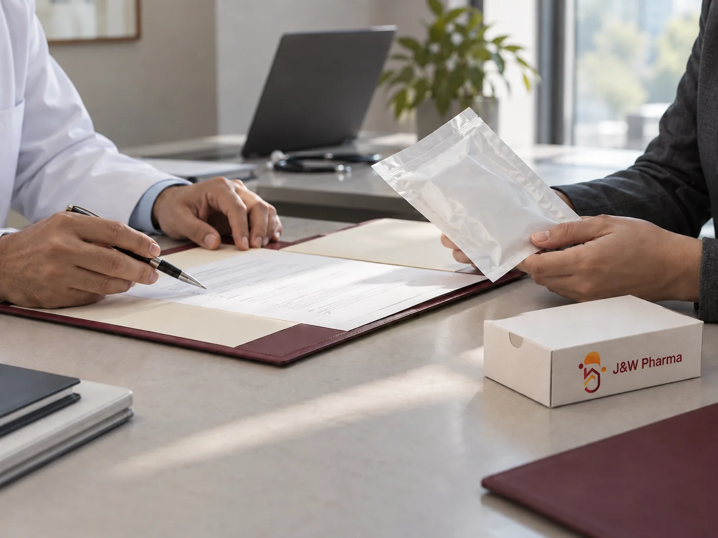Illustrative procurement review with J&W Pharma presentation materials and generic supply packaging